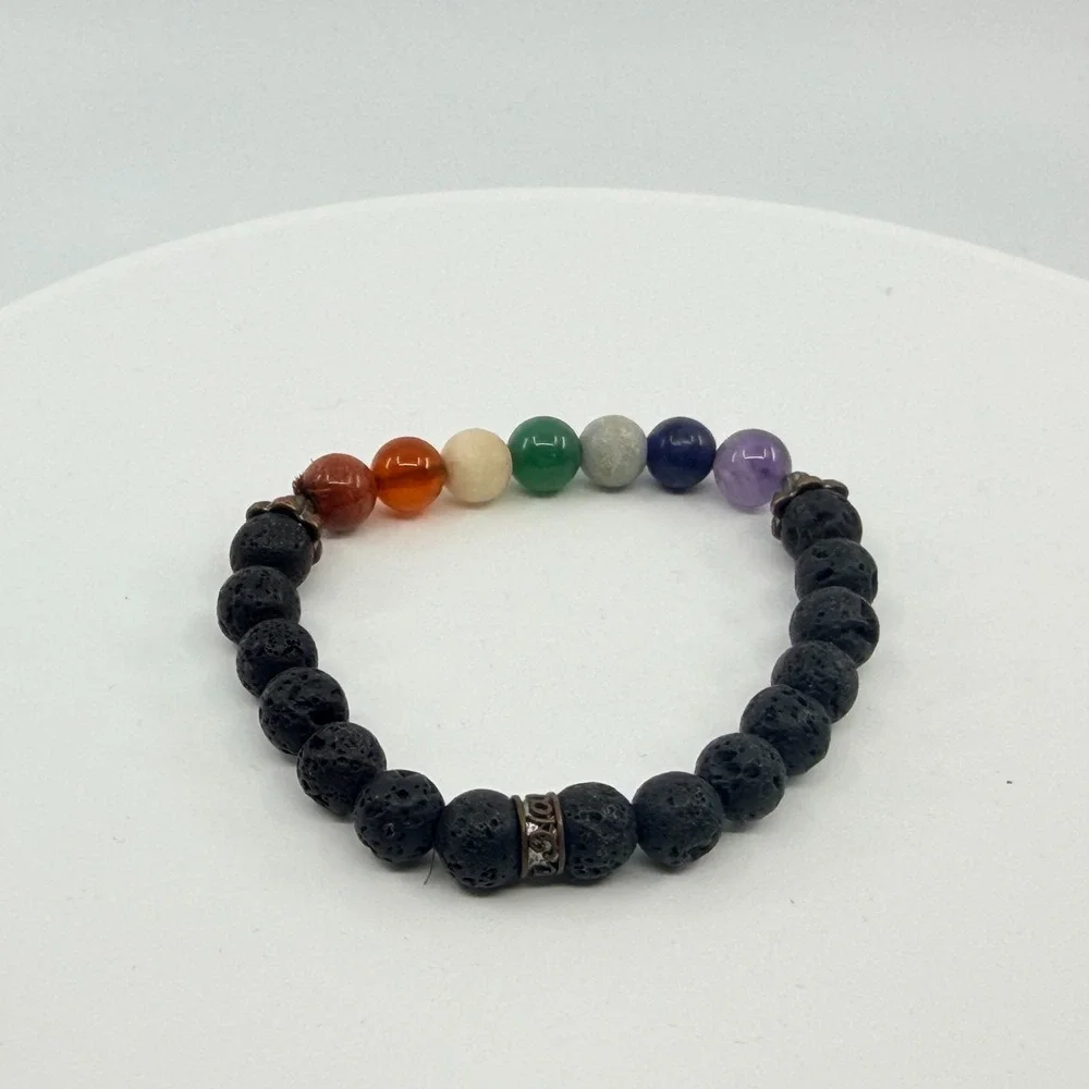 Vintage Bohemian 7 Chakra Lava Rock Stretch Beaded Healing Bracelet 90s